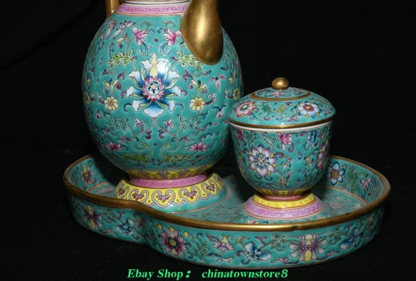 Old Qing Dynasty Enamel Colour Porcelain Gilt Flower Wine Tea Pot Flagon Set