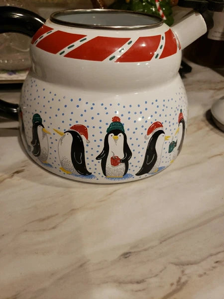 Polar Bear & Penguin 3qt Porcelain Enamel Roschko Teapot,  Christmas Tea Kettle