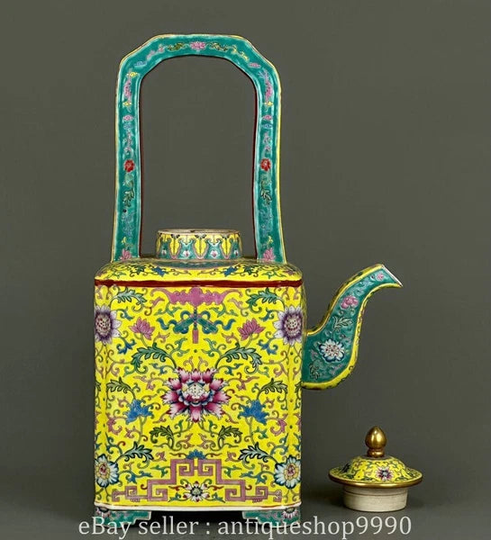 16.4" Yongzheng Marked Colour Enamel Porcelain Yellow Flower Wine Tea Pot Flagon
