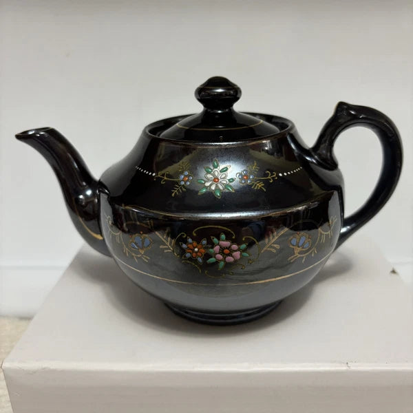 Vintage Japanese Redware Teapot Brown Betty Moriage Enamel Hand Painted Art Deco