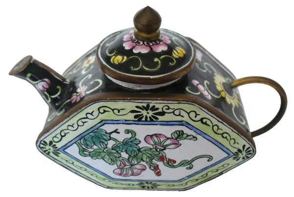 ASIAN~Mini~ENAMEL PAINTED~Floral~HEXAGON~Lidd~Tea Pot~COLLECTIBLE~4.5"x1.75"x3"