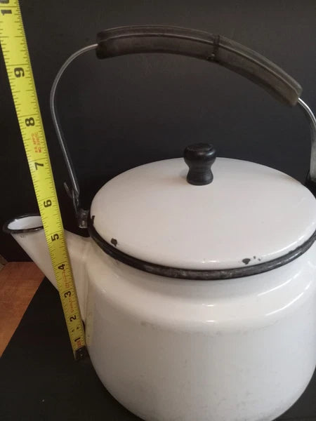Vintage White Enamelware Tea Kettle Teapot/ Black Trim