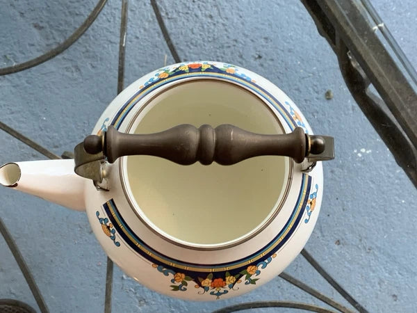 Vintage Lincoware Off White Enamel Metal Flower Motif Teapot Kettle Brass Handle