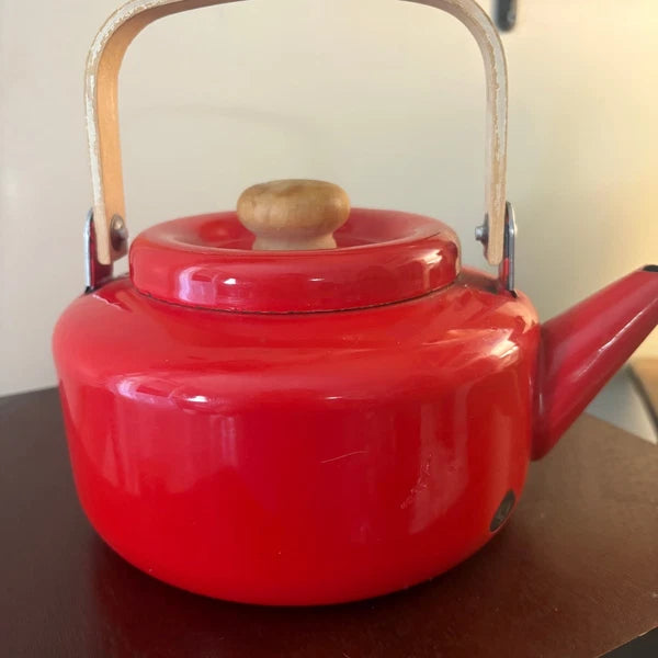 Vintage Red Enamel Teapot with Wood Handle