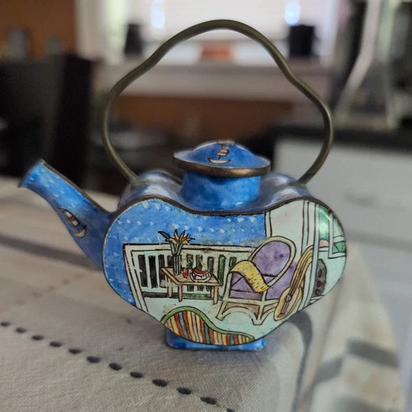 Vintage Miniature Enamel Blue Teapot Empress Arts Guitar Sailboat Flowers Couch