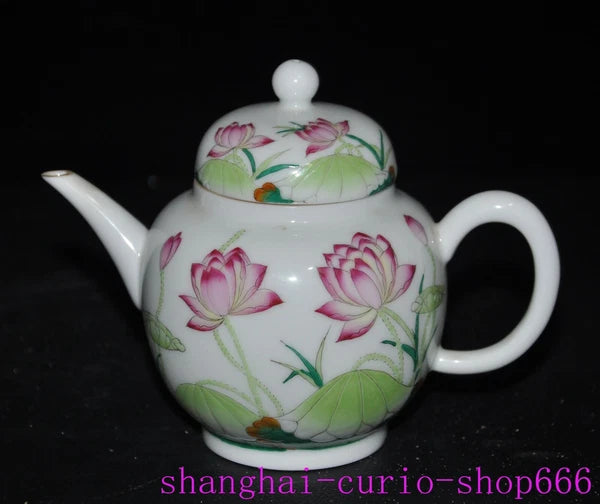 5.6"Qing Dynasty Qianlong enamel porcelain flowers text Tea set Teapot statue