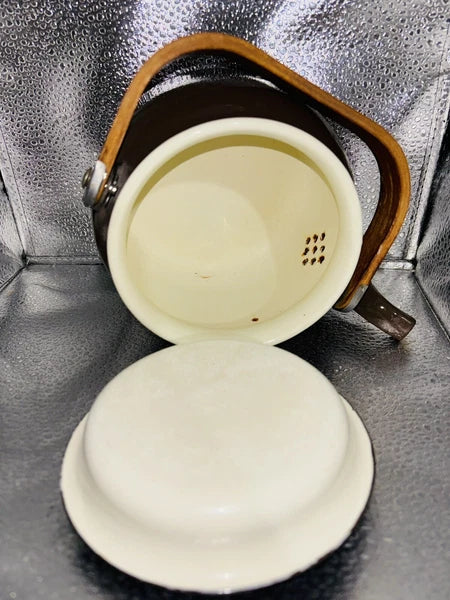 Vintage Small Brown  Enamelware Tea Pot Kettle Wood Handle 6.5" x 4.75"