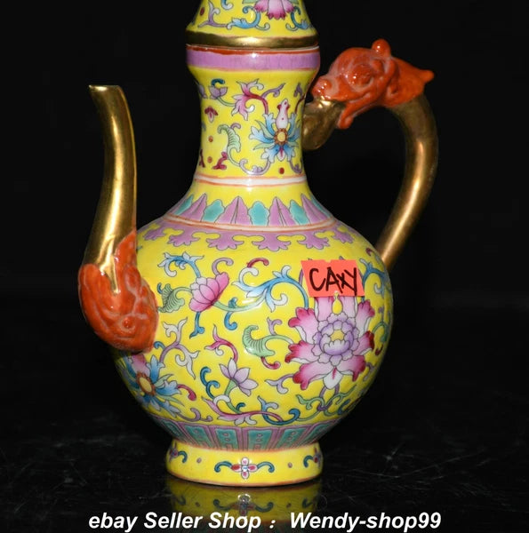 7" Qianlong Enamel Color Porcelain Gilt Dragon Beast Flower Wine Pot Teapot