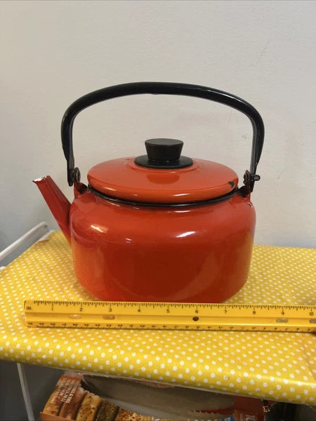 Vintage Orange Black Enamelware Tea Pot Kettle Mod Kitchen Retro 2.5QtPoland MCM