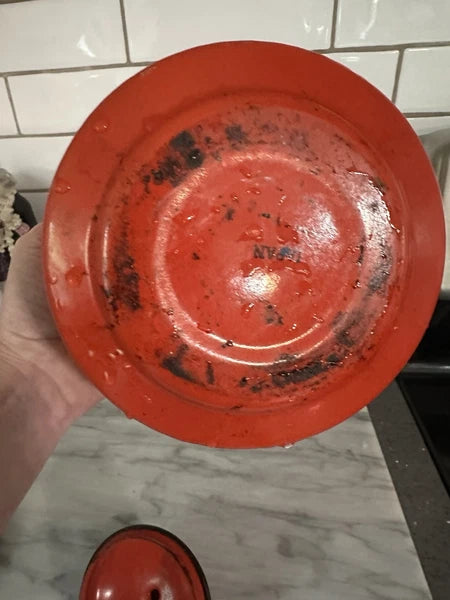 Vintage MCM Red Baked Enamel Tea Kettle with Black Handle Tea Pot Japan Rustic