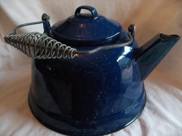 Vtg Blue White Speckled Enamelware Teapot kettle, wire wrap handle, from auction
