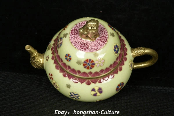 Old Qing Enamel Colour Porcelain Gold Foo Fu Dog Lion Elephant Teapot Teakettle