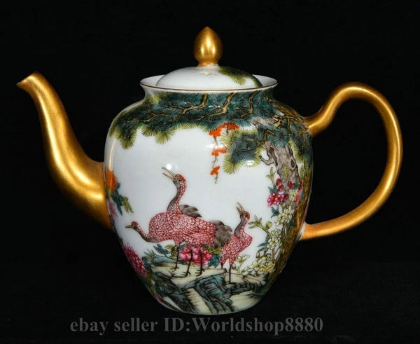 6.4"Yongzheng Marked Enamel Porcelain Gilt Flower Birds Tree Pattern Wine Teapot