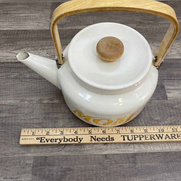 Vintage Beige Enamel Ware Mom Tea Pot Kettle Wood Handle Retro MCM Mother’s Day
