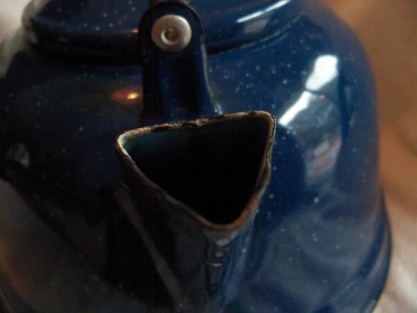 Vtg Blue White Speckled Enamelware Teapot kettle, wire wrap handle, from auction