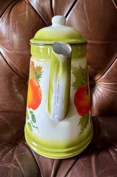 Vintage 1960s Enamelware Graniteware Coffee/Tea Pot 7 1/2" + 12" Bowl FRUIT