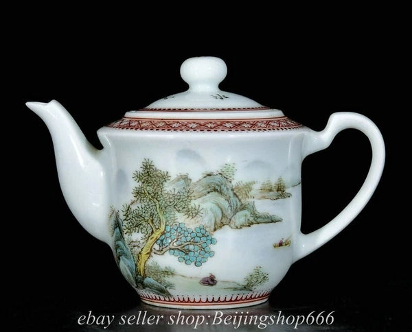 6" Old Chinese Enamel Porcelain Dynasty Landscape Mountain Tree Tea Pot Kettle