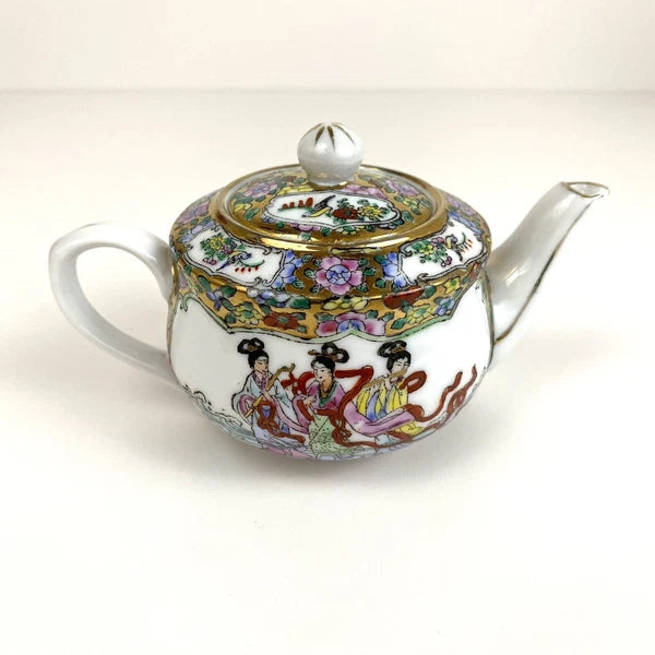 Vintage Yi Xing Company Enamel Porcelains Colored Ceramic Teapot And Tray Set