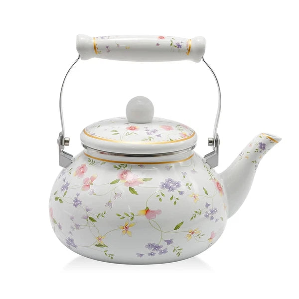 Enamel Teakettle Floral Teapot for Stovetop, 2.5L Large Green Floral Tea Kett...