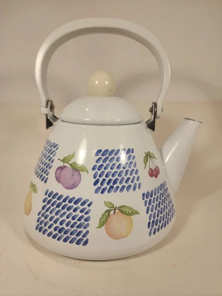 White Enamel Teapot Fruit Pear Cherries Plum Peach Blue 2 Qt Decorative Tea Pot