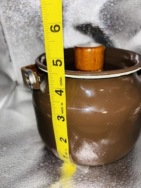 Vintage Small Brown  Enamelware Tea Pot Kettle Wood Handle 6.5" x 4.75"