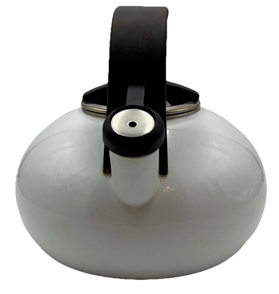 Kitchen Aid Tea Pot Whistling White Enamel Kettle Black Handle Chrome Trim