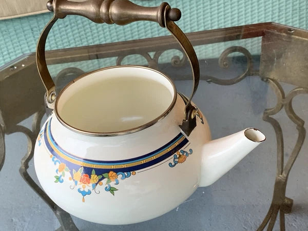 Vintage Lincoware Off White Enamel Metal Flower Motif Teapot Kettle Brass Handle