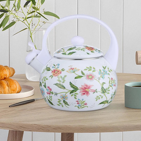 2.3Qt Vintage Enamel Whistling Tea Kettle, Floral Teapot for Stove Top