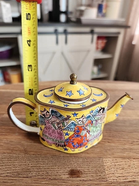 VINTAGE CLOISONNE TEA POT CATS W INSTRUMENTS THEME RETRO COLLECTIBLE ENAMEL