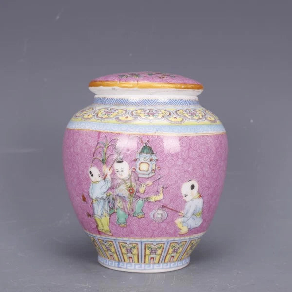 4.3" Chinese Qing Colour Enamels Porcelain Child Have Fun Caddy Tea Pot