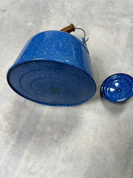 Vintage Teapot Blue and White Speckled Enamel w/ Wood Handle Tea Kettle 10" x 9"
