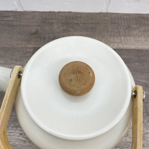 Vintage Beige Enamel Ware Mom Tea Pot Kettle Wood Handle Retro MCM Mother’s Day