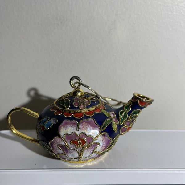 Mini Chinese Cloisonné Enameled Floral Glaze Cobalt Blue Teapot 3.5” L - 2" H