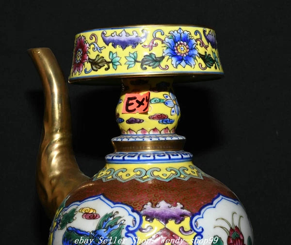 8" Qianlong Colour Enamel Porcelain Gilt Dragon Qilin Lotus Wine Tea Pot Flagon
