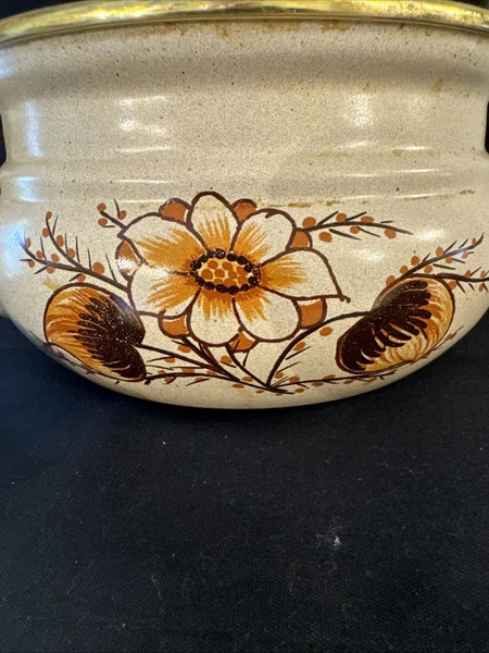 Vtg 80s ASTA Enamelware Tea Kettle Teapot Floral w/ Wood Brass Handle Germany