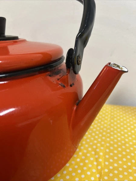 Vintage Orange Black Enamelware Tea Pot Kettle Mod Kitchen Retro 2.5QtPoland MCM