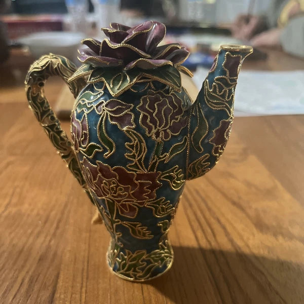 Miniature Floral Enamel Cloisonne Teapot Red Green Gold Rose Design Lid