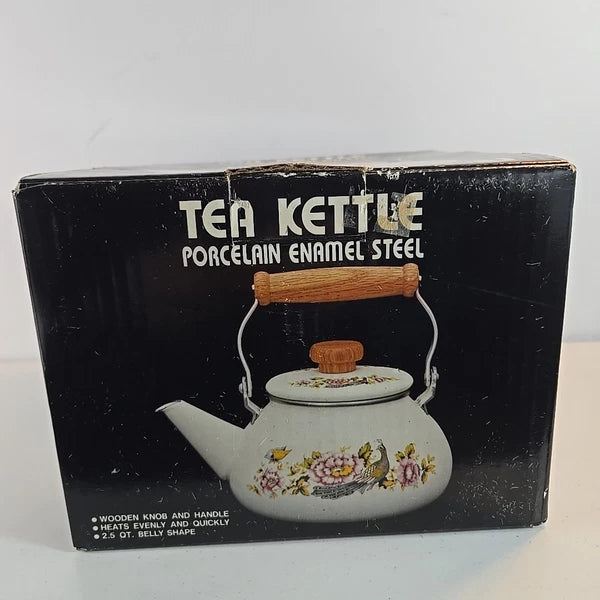 Vtg Tea Kettle Porcelain Enamel On Steal Red Peacock Wood Handle Taiwan W/ Box