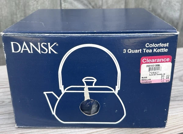Dansk Colorfest Blue Enamel Teapot Kettle 3 Quart New in BOX NIP NOS #01068