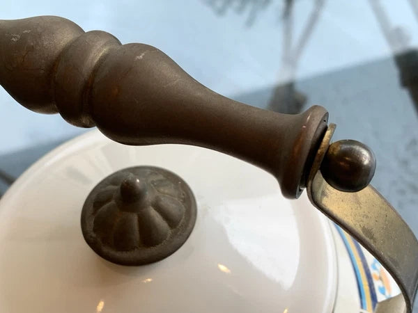 Vintage Lincoware Off White Enamel Metal Flower Motif Teapot Kettle Brass Handle