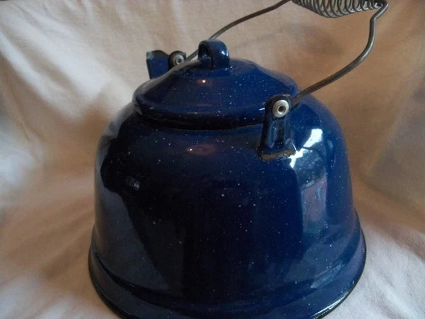 Vtg Blue White Speckled Enamelware Teapot kettle, wire wrap handle, from auction