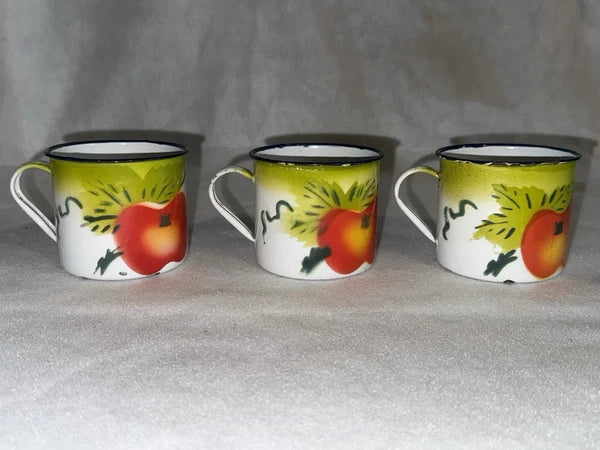 Vintage Enamel Ware Harvest Fruit Design Teapot and 6 Cups
