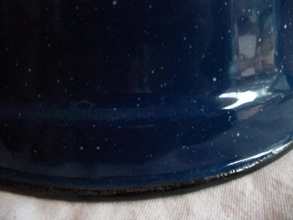 Vtg Blue White Speckled Enamelware Teapot kettle, wire wrap handle, from auction