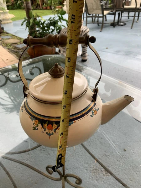 Vintage Lincoware Off White Enamel Metal Flower Motif Teapot Kettle Brass Handle