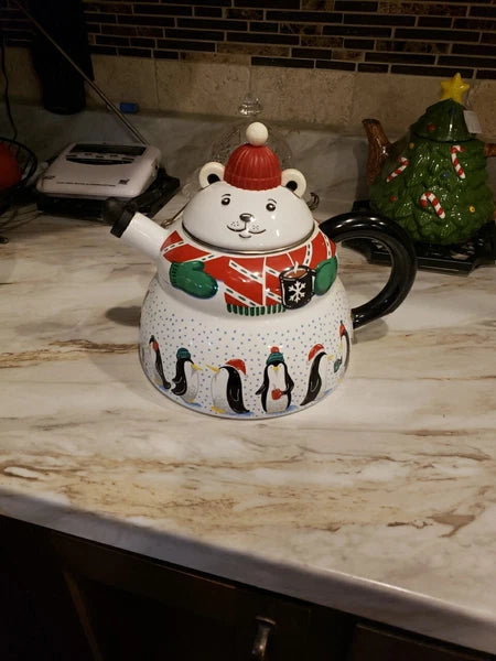 Polar Bear & Penguin 3qt Porcelain Enamel Roschko Teapot,  Christmas Tea Kettle