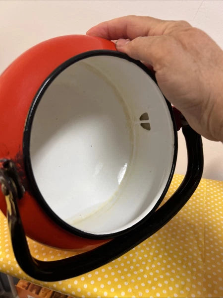 Vintage Orange Black Enamelware Tea Pot Kettle Mod Kitchen Retro 2.5QtPoland MCM