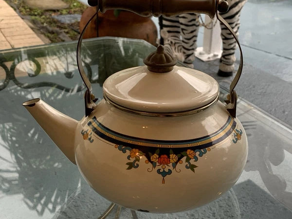 Vintage Lincoware Off White Enamel Metal Flower Motif Teapot Kettle Brass Handle