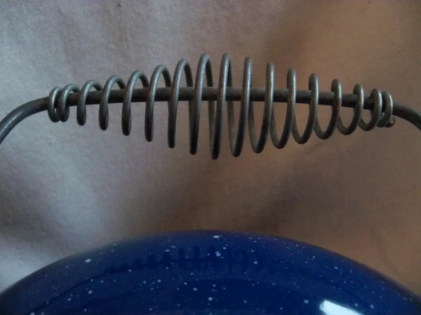 Vtg Blue White Speckled Enamelware Teapot kettle, wire wrap handle, from auction