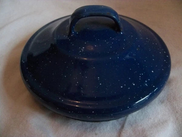 Vtg Blue White Speckled Enamelware Teapot kettle, wire wrap handle, from auction