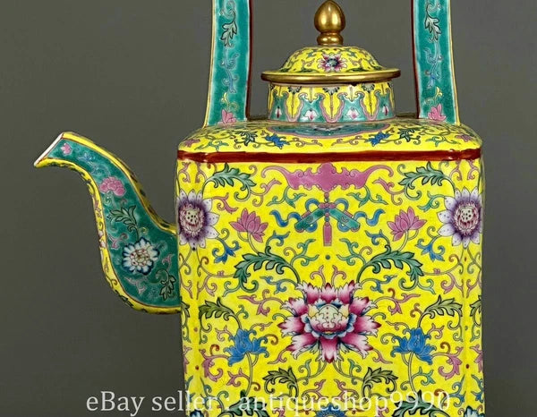 16.4" Yongzheng Marked Colour Enamel Porcelain Yellow Flower Wine Tea Pot Flagon